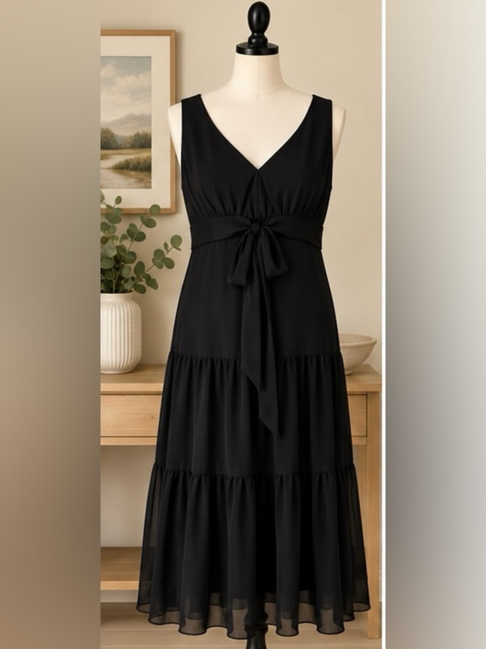 connected apparel Black V-Neck Tie-Waist Tiered Maxi Dress